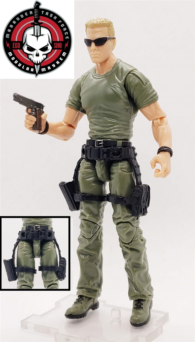 Belt with Drop Down Leg Pistol Holster: BLACK Version - 1:18 Scale Modular  MTF Accessory for 3-3/4 Action Figures